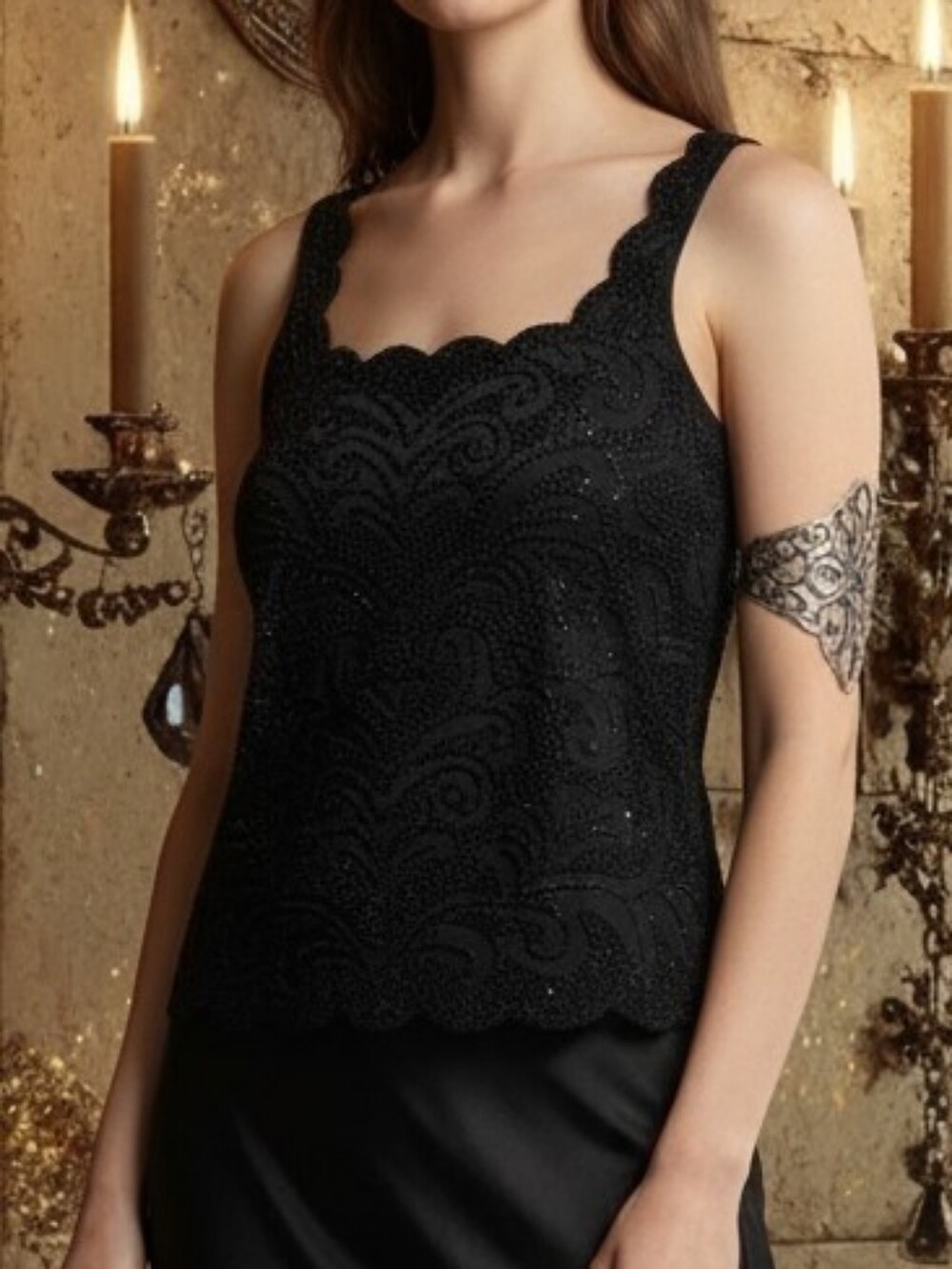 Vintage 1990's Onyx Nite Shimmering Black Embellished Whimsigoth Scalloped Top